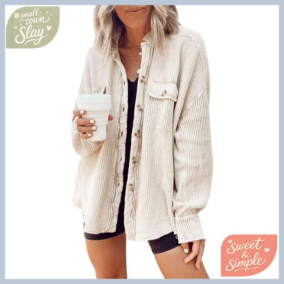 Women's Casual Waffle Knit Shacket Loose Fit Button Down Long Sleeve Top